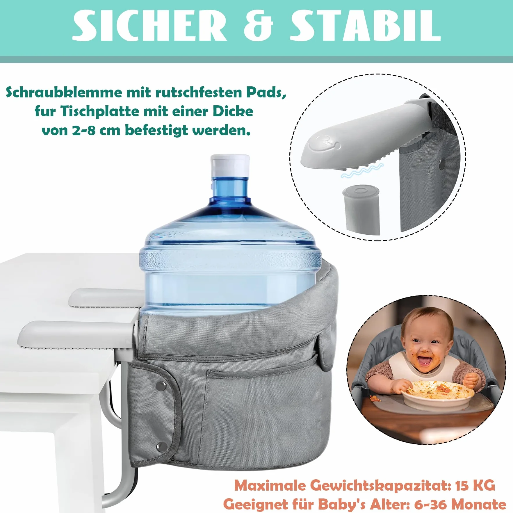 SUBTLETY Fotelik stołowy, składany, fotelik dla niemowląt z torbą transportową, antypoślizgowe zaciski i torba do siedzenia, przenośne krzesełko dla niemowląt o grubości 2 – 8 cm, siedzisko