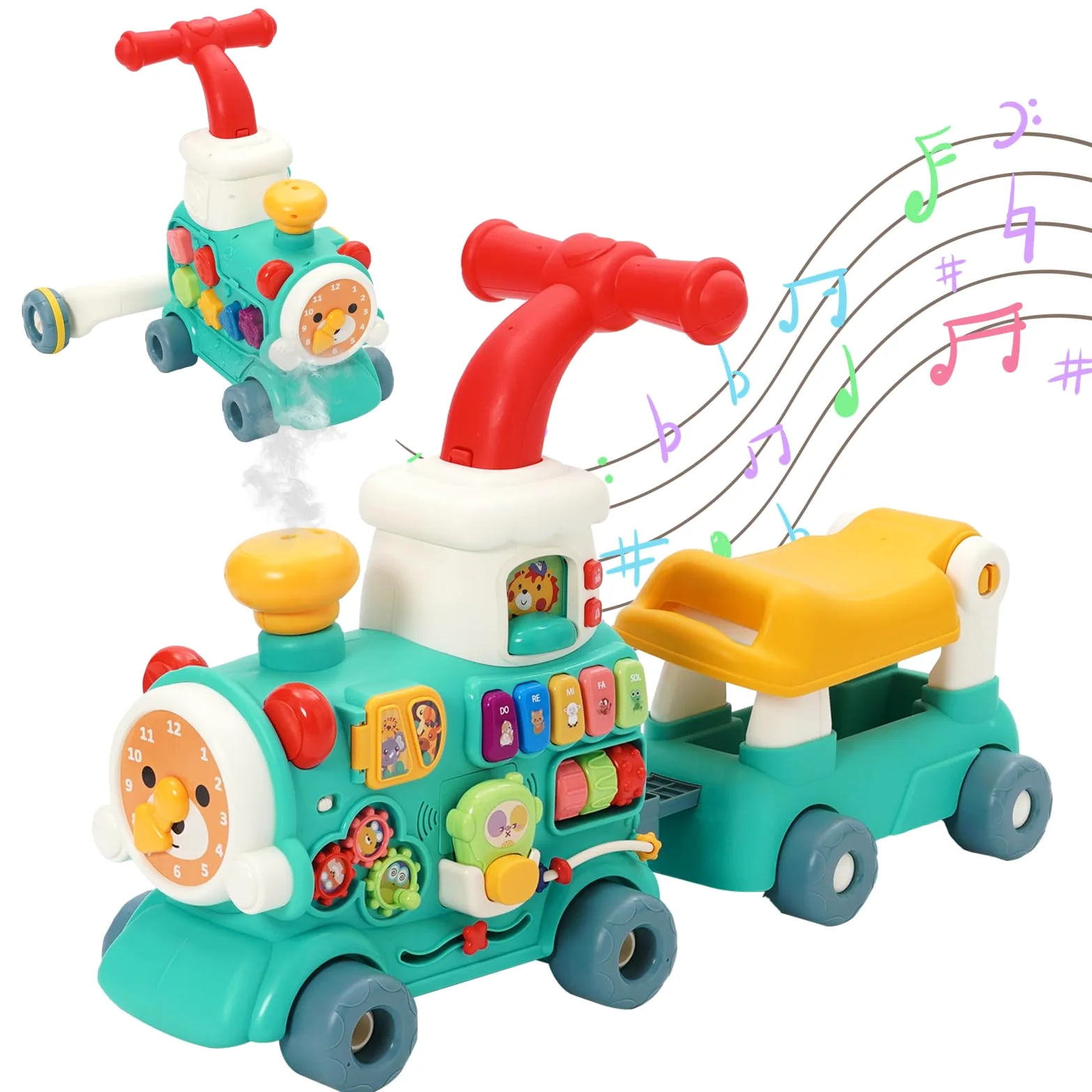 Pomoc w nauce chodzenia dla dzieci, zabawka pociągu 5 w 1, wędrowcy z muzyką do jazdy konnej, raczkowania, ciągnięcia, pchania i zabawy, dla dzieci od 6 miesięcy