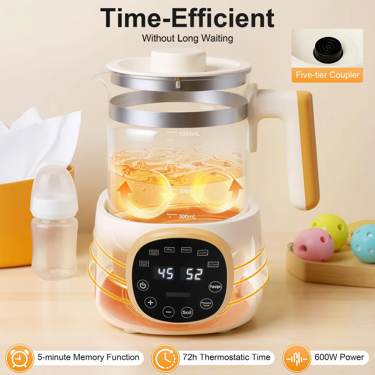 Szklany czajnik dla niemowląt, podgrzewacz do butelek z regulacją temperatury